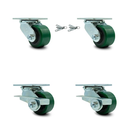 Service Caster 3.25 Inch Poly on Steel Caster Set with Roller Bearing 2 Swivel Lock 2 Brake SCC SCC-30CS3420-PUR-GB-BSL-2-SLB-2